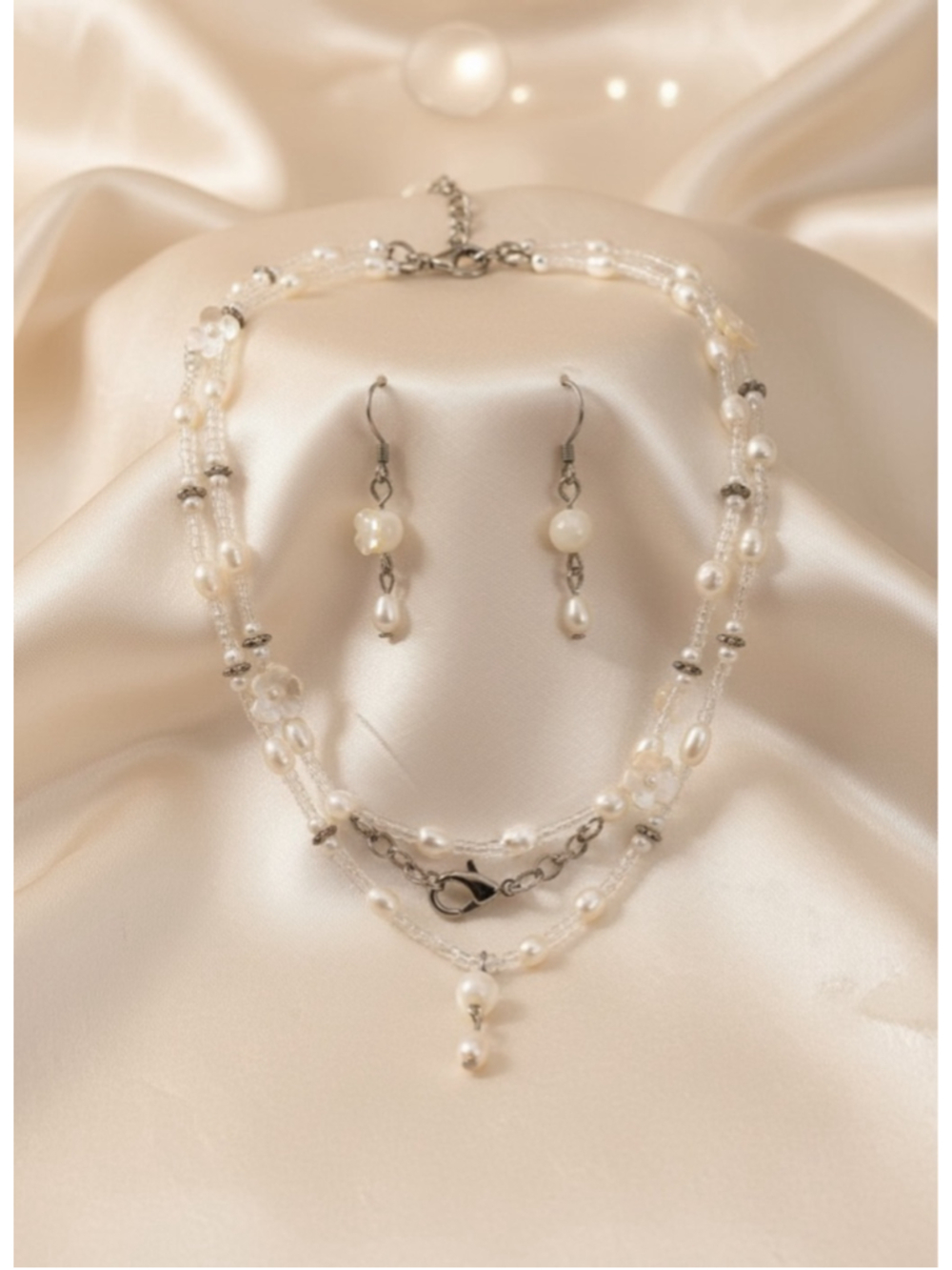 Andante Genuine Stone Austrian Crystal Freshwater Pearl Necklace & Earrings Set